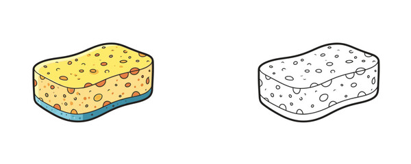 Cartoon illustration of a porous scrubbing sponge with an hourglass shape in bright yellow and blue colors for washing, cleaning, and hygiene concepts