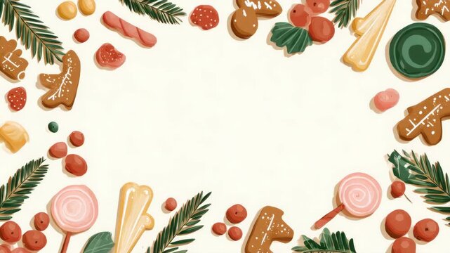 Festive christmas background with cookies, candy, and pine branches