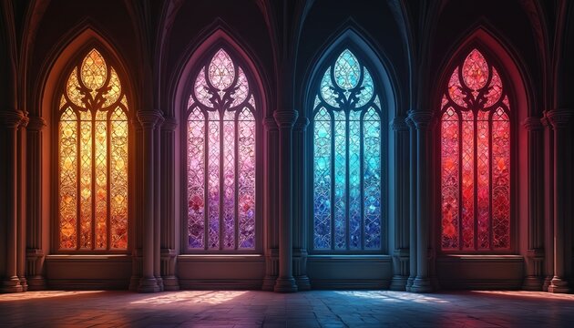 Gothic arched windows with intricate stained glass patterns glow in warm orange, pink, blue, red hues. Sunlight streams through glasswork, casting colorful shadows on stone floor inside grand