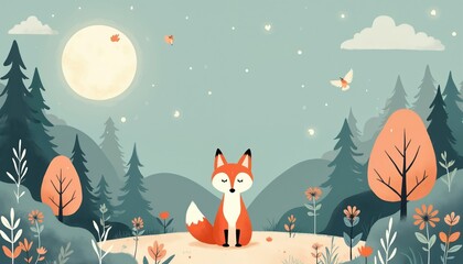 Naklejka premium Cute cartoon fox sits in grassy field with moon and stars above. Trees and flowers form a peaceful woodland scene. Bird flies in the pale blue sky.