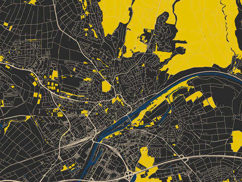 Flat city map of Schweinfurt, Germany &mdash; near-black map field with ivory road grid, bright yellow blocks and dark blue rivers and harbors