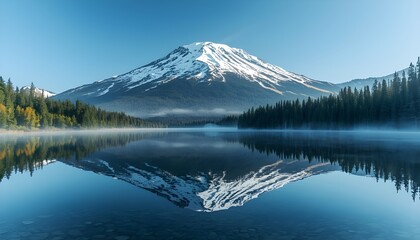 A serene landscape featuring a snow-covered mountain reflected on a still lake, surrounded by dense evergreen forest under clear blue skies.