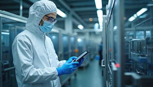 Scientist in sterile suit glasses mask gloves uses tablet in production plant. Expert checks quality control process on digital device. Modern factory setting. - Powered by Adobe