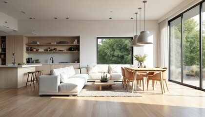 Modern open plan living area with white sectional sofa, light wood cabinets, kitchen island with stools, dining table and chairs. Large windows reveal green trees and natural light fill space.