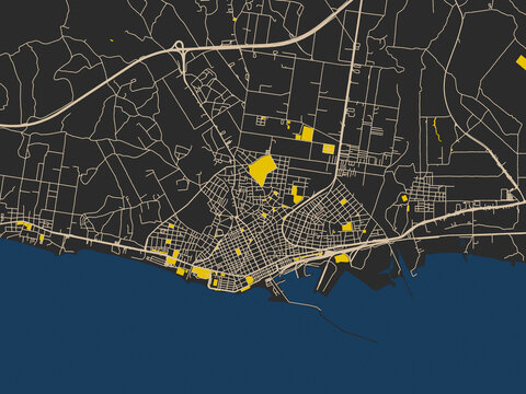 Urban map of GRE, Alexandroupoli in a dark flat palette: dark noir-style city field with soft cream lines and strong yellow points of interest against deep blue water