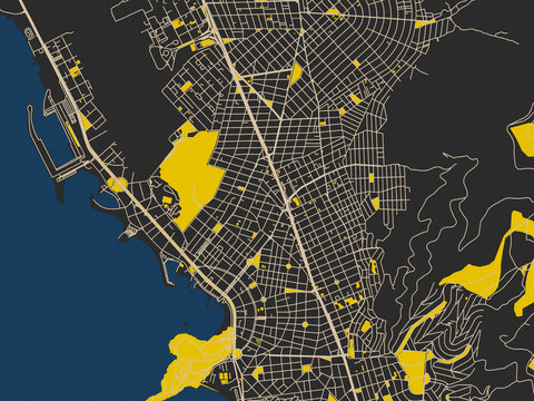 Flat city map of GRE, Glyfada in charcoal, ivory and ink-blue tones