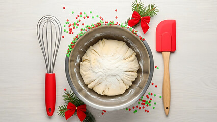 Top view of holiday baking preparation featuring a ball of dough in a metal bowl, surrounded by Christmas sprinkles, red kitchen utensils, and evergreen decorations. Clean, bright, and festive setup i
