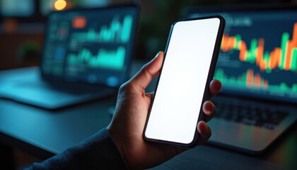 Person holds smartphone showing blank screen. Laptop displays stock market charts in background. Analyzing financial data at night. Trading on digital platform.
