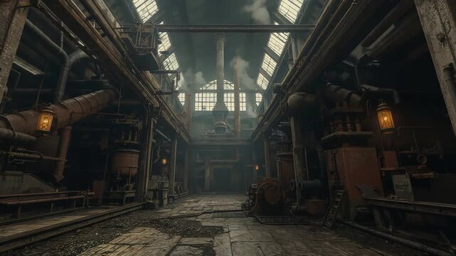 Deserted industrial space featuring weathered stones and dim lighting