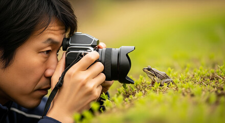 新緑の森でカエルを撮影するフォトグラファーとコピースペース 真剣なネイチャーフォト
