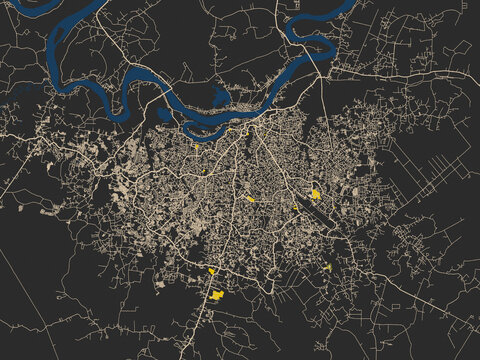 Abstract city map of Jambi City, Indonesia with charcoal base with cream streets