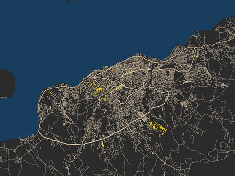 Flat city map of Kupang, Indonesia in dark map with yellow accents
