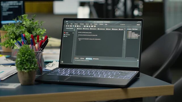 Close up of laptop in empty AI company office used to train predictive models for language processing tasks. Deep learning technology software deployed on notebook in IT office