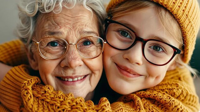 Unbreakable Bond of Generations: A heartwarming portrait of a grandmother and her granddaughter, their faces illuminated by shared laughter and love, embracing in a moment of tender connection. 
