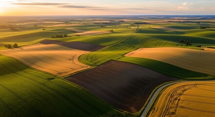 Aerial view of rolling hills under a vibrant sunset with diverse agricultural fields