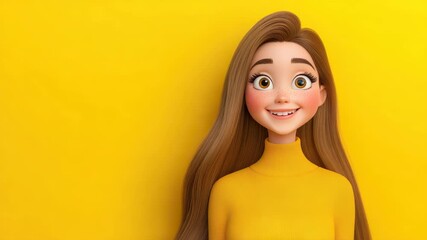 Joyful Woman in Yellow: A bright and cheerful woman with long hair and a wide, beaming smile radiates warmth and positivity against a vibrant yellow backdrop.