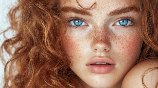 Radiant Beauty: Close-up of a captivating woman with striking red hair, freckled skin, and mesmerizing blue eyes, embodying natural grace and timeless elegance.