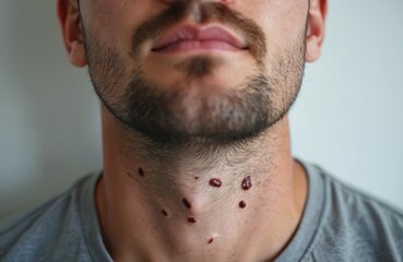 Obraz premium Close up view of man neck showing multiple skin tags. Some tags appear irritated or inflamed possibly after treatment. Medical condition visible on skin.