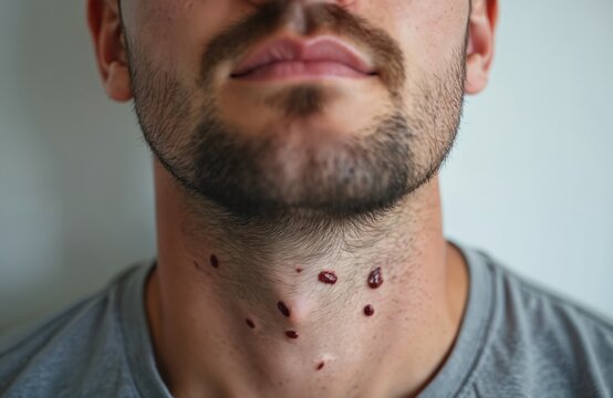 Close up view of man neck showing multiple skin tags. Some tags appear irritated or inflamed possibly after treatment. Medical condition visible on skin.