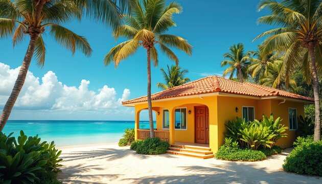 Yellow beach bungalow with orange tiled roof sits on white sand. Tall palm trees sway near turquoise ocean water under a bright blue sky with fluffy clouds. - Powered by Adobe