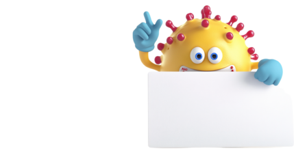 Cartoon Coronavirus Character Holding a Blank Sign on Black Background Presentation