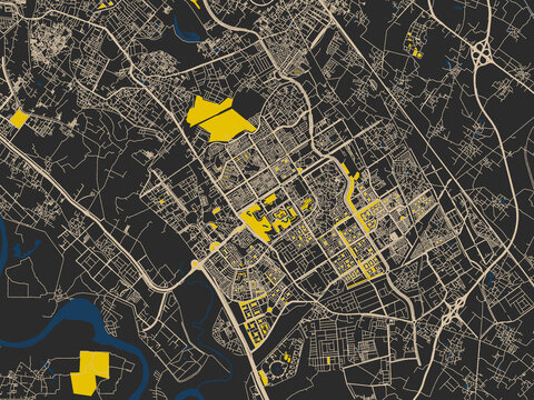 Flat city map of Greater Noida, India &mdash; graphite black base with warm cream road network, signal-yellow open areas and inky blue waterways