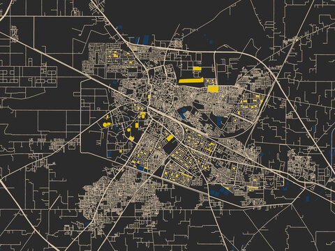 Urban map of Hisar, India in a dark flat palette: graphite black base with warm cream road network, signal-yellow open areas and inky blue waterways