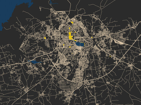 Minimalist map of Jamnagar, India, dark map with yellow accents