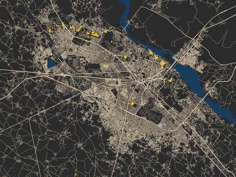 Poster-style map of Kanpur, India using charcoal base with cream streets