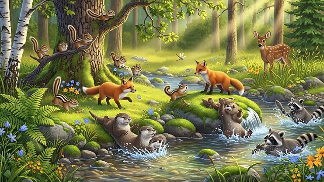 Woodland critters by the stream