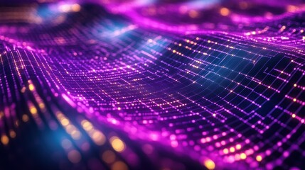 Abstract wavy lines of purple light with glowing specks and blue hints