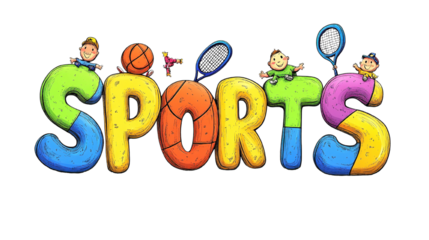 Vibrant and playful sports illustration with cartoon characters and typography art