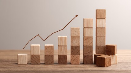 Wooden Blocks Arranged As Bar Chart With Brown Line Showing Growth On Wood Surface And Neutral Background