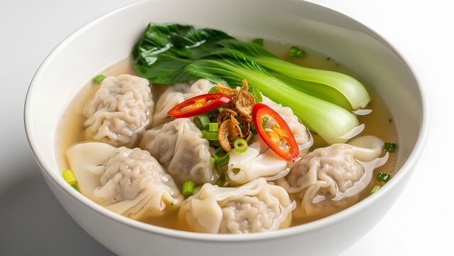 Pangsit kuah bowl with transparent broth and soft lighting against white backdrop