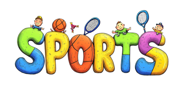 Vibrant and playful sports illustration with cartoon characters and typography art - Powered by Adobe