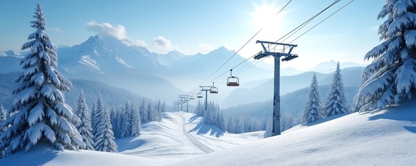 Snowy mountain range with ski lift moving over groomed trails. Evergreen trees covered in frost below bright sun. Serene winter scene offers stunning high altitude views.