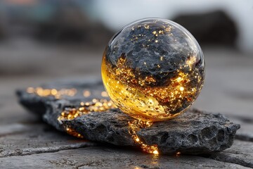 Crystal sphere on rock, golden light