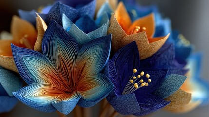 Close-up of vibrant, layered paper flowers in blue and orange hues