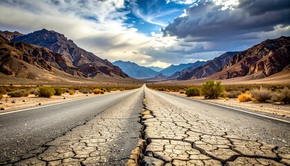 Long cracked asphalt desert road through a vast mountain landscape under a dramatic cloudy sky at sunset