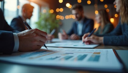 Team meeting at boardroom table reviewing financial charts and graphs. Professionals discuss business data making notes. Office workers collaborate on strategy and planning.