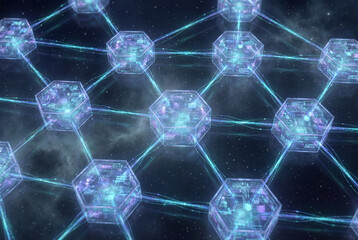 Abstract background of an expanding synthetic memory cell grid connected by glowing strands, visualizing deep-space tech ambience and crisp digital refinement with cool-tone patterns
