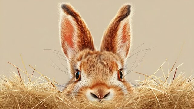 Adorable brown and white rabbit with pink eyes peering from straw basket