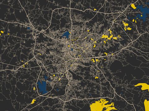 Urban map of Ranchi, India in a dark flat palette: near-black map field with ivory road grid, bright yellow blocks and dark blue rivers and harbors
