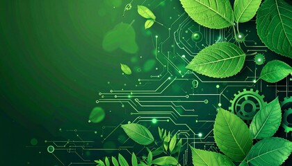 Green Technology Concept: Vibrant Leaves Integrated with Glowing Circuit Board Patterns and Gears, Symbolizing Sustainable Innovation