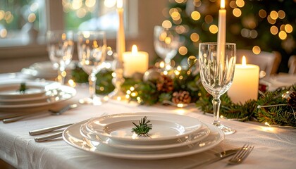 Festive Christmas Dinner Table Setting with Lit Candles, Garland, and Bokeh Lights