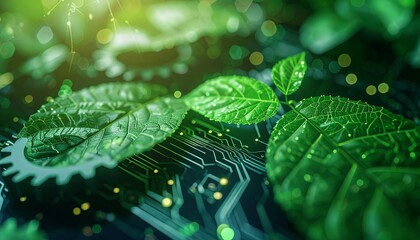 Green Leaves and Electronic Circuit Board Fusion for Sustainable Technology and Eco-Innovation Concept