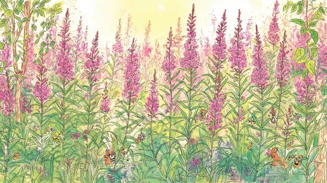 Field of blooming willowherb: Vibrant pink willowherb flowers fill a lush field, bathed in soft sunlight and surrounded by green foliage, creating a picturesque scene.