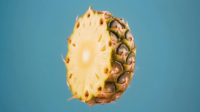 A vibrant slice of pineapple suspended against a solid blue background