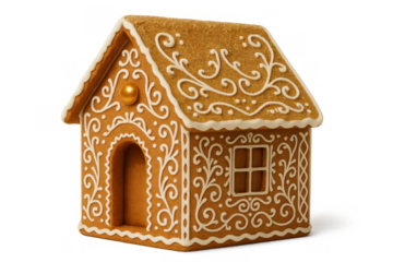 Gingerbread house baked for christmas holiday, decorated with white icing, sweet dessert food with transparent background