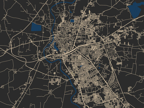 Abstract city map of Ujjain, India with dark map with yellow accents